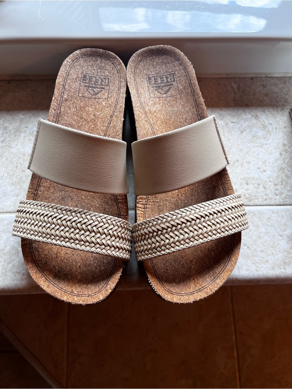 REEF Cork Footbed Slide Sandals with Braided Strap - Beige